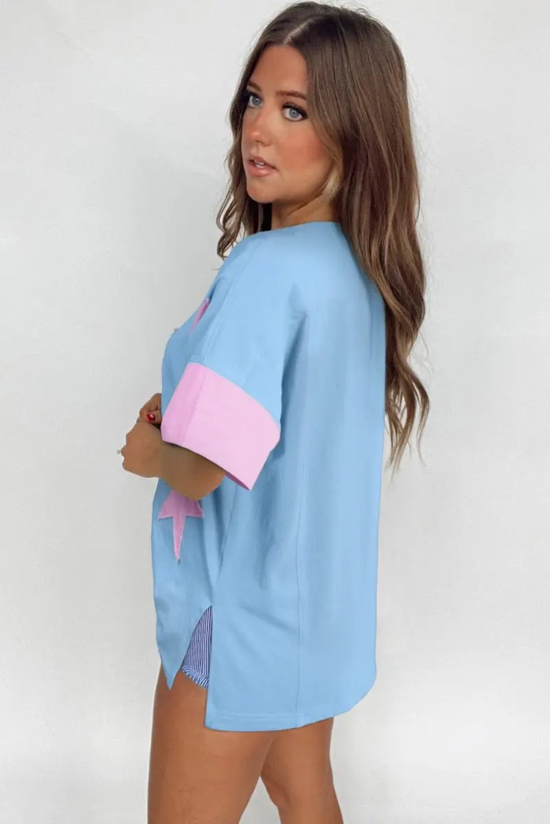 Myosotis Frayed Denim Star Patched Oversize T Shirt - Love Salve